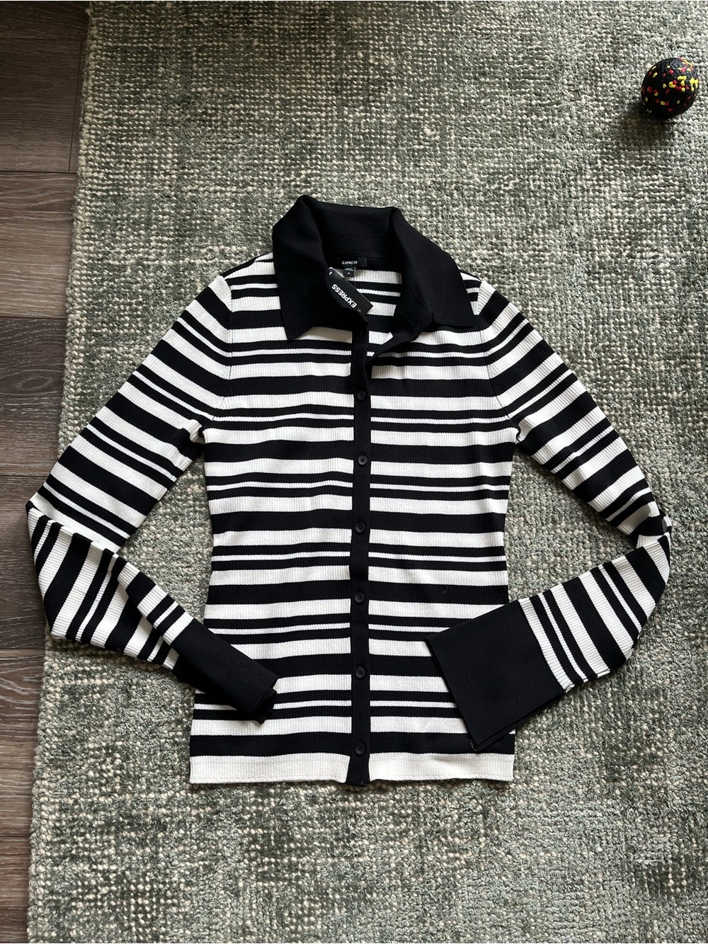 Express Black & White Striped Button-Down Knit Shirt